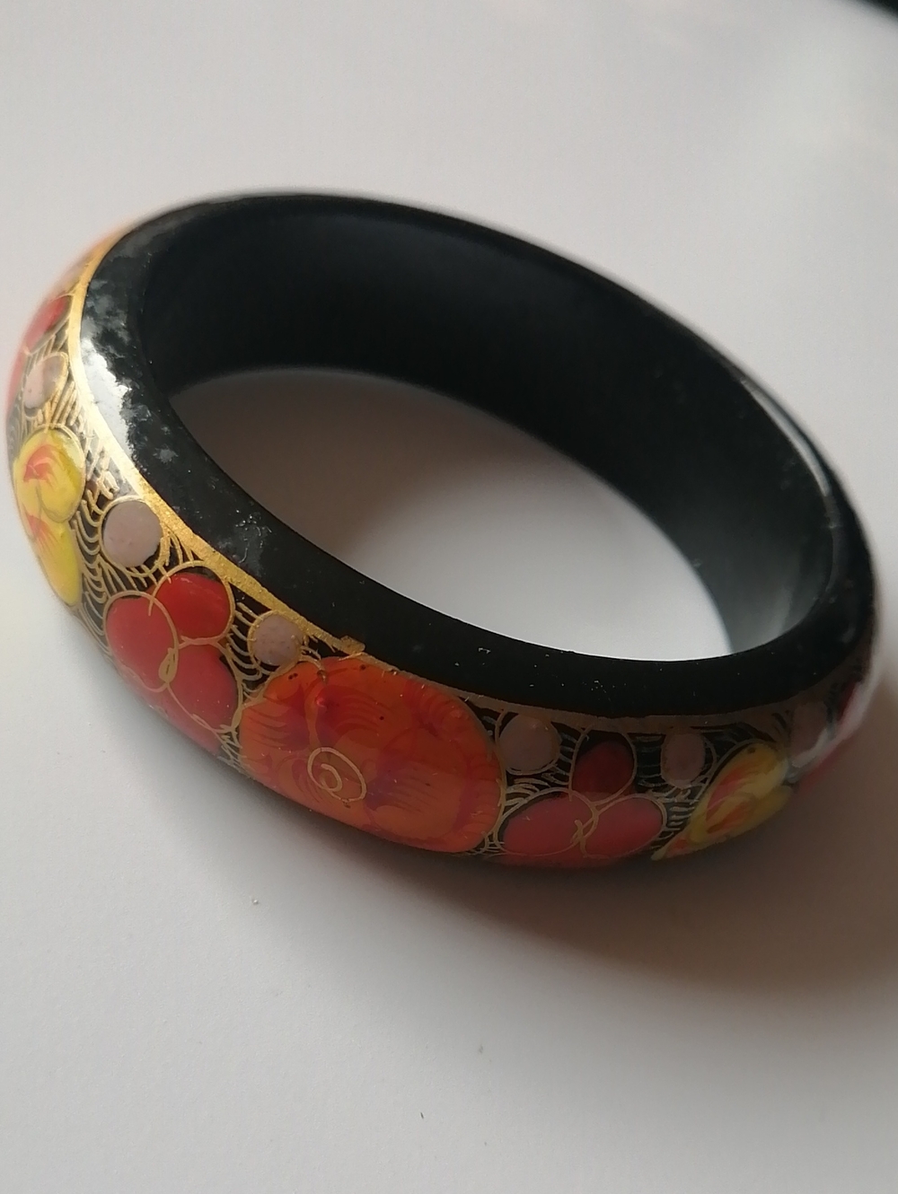 Vintage Floral Painted Wooden Bangle, Gold, Red, Orange, and Yellow on Black